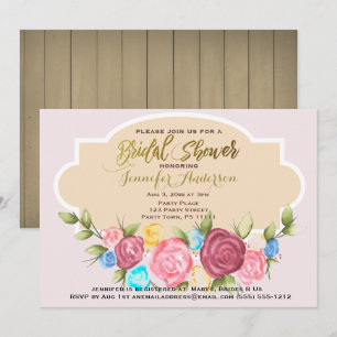 Gold Pink Rose Floral Rustic Wood Bridal Shower Invitation