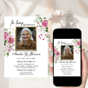 Gold Pink Rose Funeral In Loving Memory, Funeral  Invitation