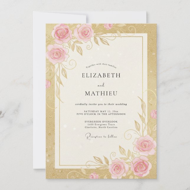 Gold Pink Rosebud Wedding Invitation (Front)