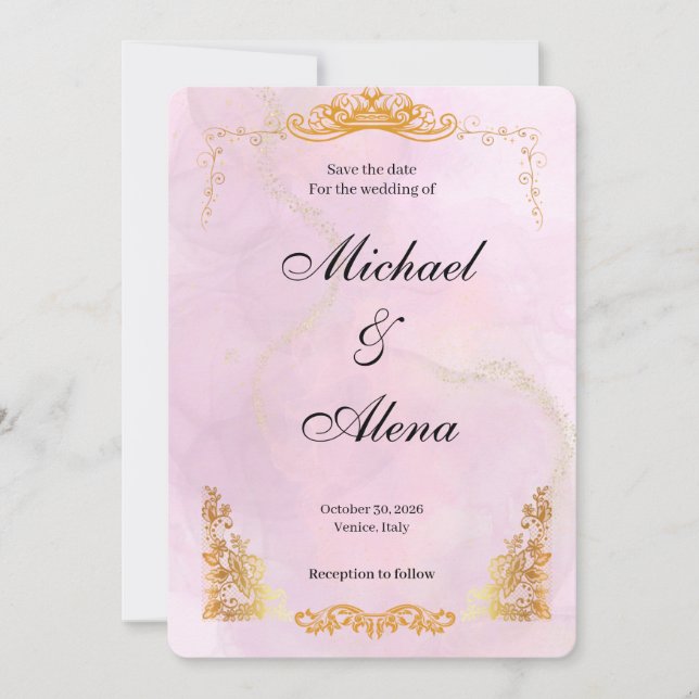 Gold & Pink, Royal & Classy Wedding Save the Date  (Front)