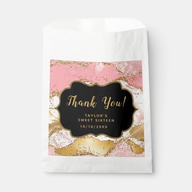 Gold Pink Sequins Agate Sweet Sixteen Thank You Favour Bag (Front)