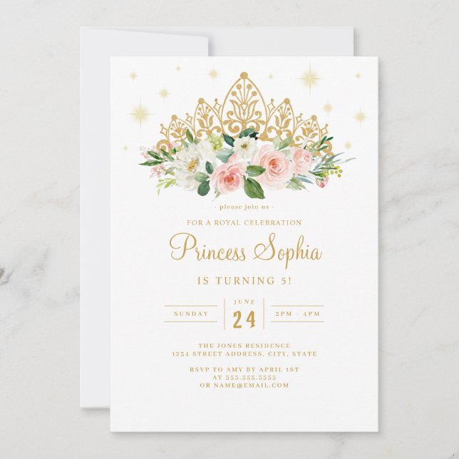 Gold Pink Sparkle Princess Floral Tiara Birthday Invitation (Front)