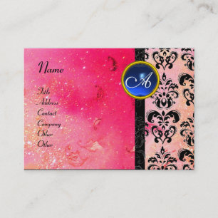 GOLD PINK SPARKLING DAMASK MONOGRAM ,fuchsia blue Business Card
