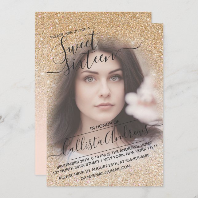 Gold Pink Sparkly Glitter Ombre Photo Sweet 16 Invitation (Front/Back)