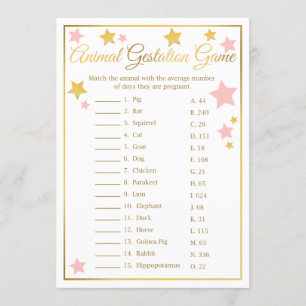 Gold Pink Star Animal Gestation Baby Shower Game Invitation