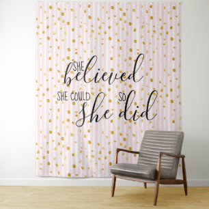 Gold & Pink Stripe Dot She Believed She Could Tapestry