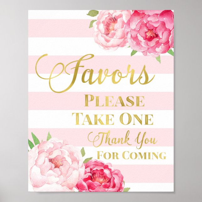 Gold Pink Stripes Watercolor Floral Favours Sign (Front)