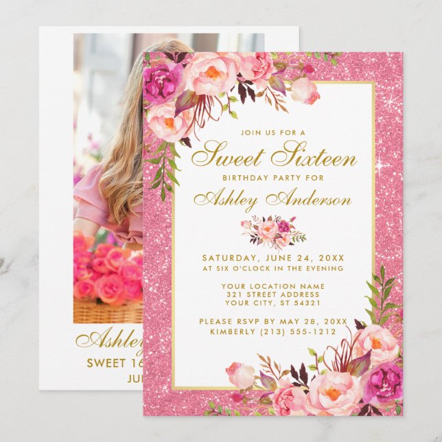Gold Pink Sweet 16 Birthday Invite | Photo Back (Front/Back)