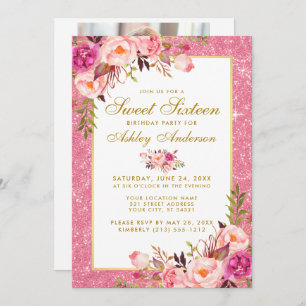 Gold Pink Sweet 16 Birthday Invite   Photo Back
