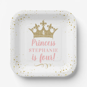 Gold Pink Tiara Crown Birthday Party Square Paper Plate