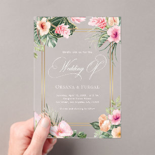 Gold Pink Tropical Beach Destination Wedding Acrylic Invitations