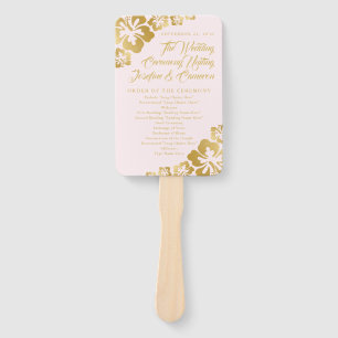 Gold Pink Tropical Hibiscus Flower Wedding Program Hand Fan