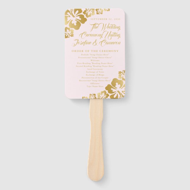 Gold Pink Tropical Hibiscus Flower Wedding Program Hand Fan (Front)