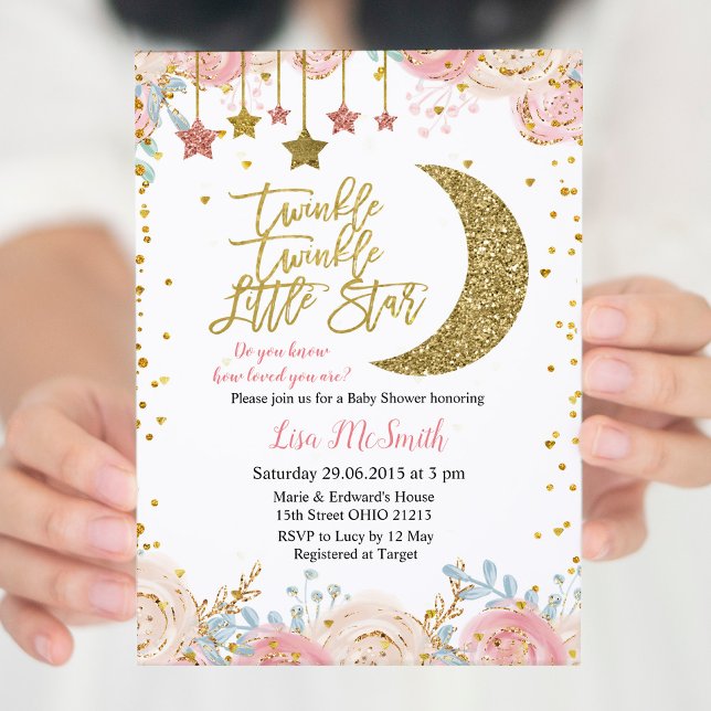 Gold Pink Twinkle Twinkle Little Star Baby Shower Invitation (Creator Uploaded)