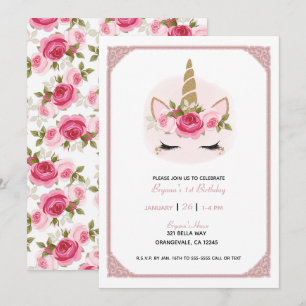 Gold & Pink Unicorn Floral Roses Birthday Party  I Invitation