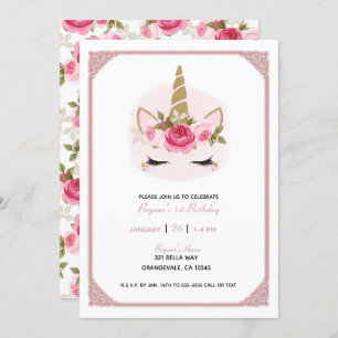 Gold & Pink Unicorn Floral Roses Birthday Party  I Invitation