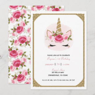 Gold & Pink Unicorn Floral Roses Birthday Party In Invitation