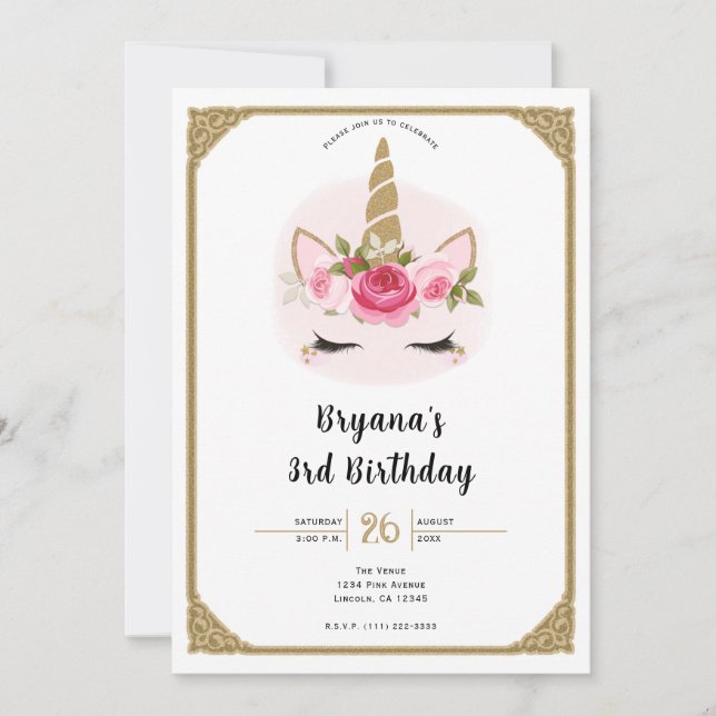 Gold & Pink Unicorn Floral Roses Birthday Party In Invitation (Front)