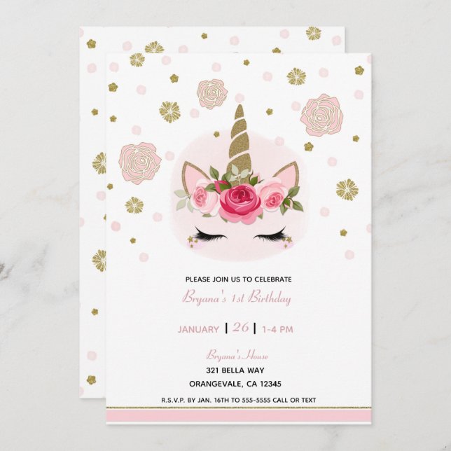 Gold & Pink Unicorn Flower Blooms Birthday Party Invitation (Front/Back)