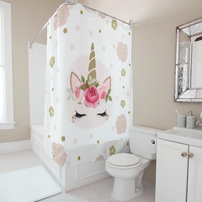 Gold & Pink Unicorn Flower Blooms Trendy Cute Shower Curtain (In Situ)