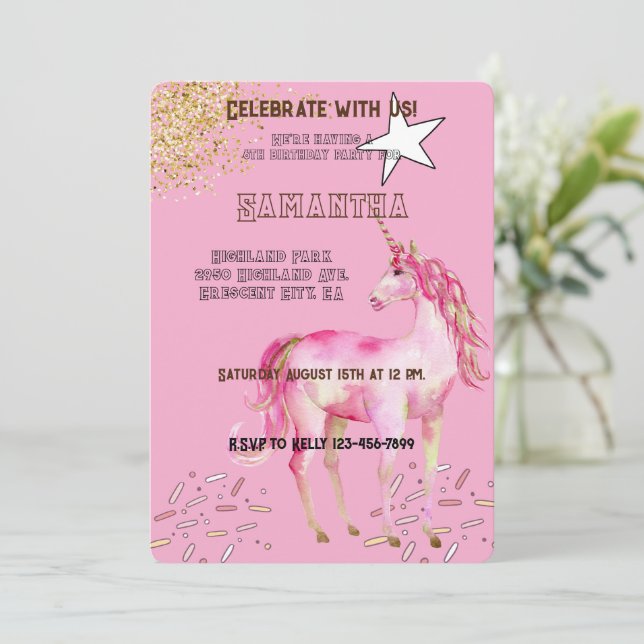 Gold Pink Unicorn Glitter Birthday Invitation (Standing Front)