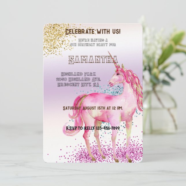 Gold Pink Unicorn Glitter Birthday Invitation (Standing Front)