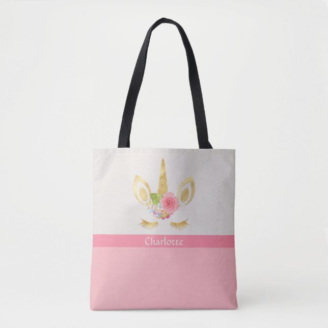 Gold & Pink Unicorn Personalised Tote Bag (Front)