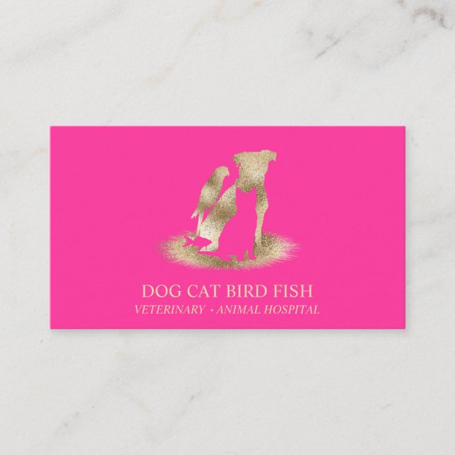 Gold Pink Veterinarian Animal Hospital Pet Sitting Business Card (Front)