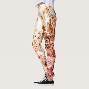 Gold & Pink Vintage Botanical Floral Toile No.3 Leggings