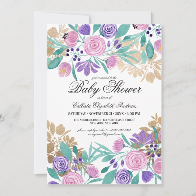 Gold Pink Violet Floral Watercolor Baby Shower Invitation (Front)