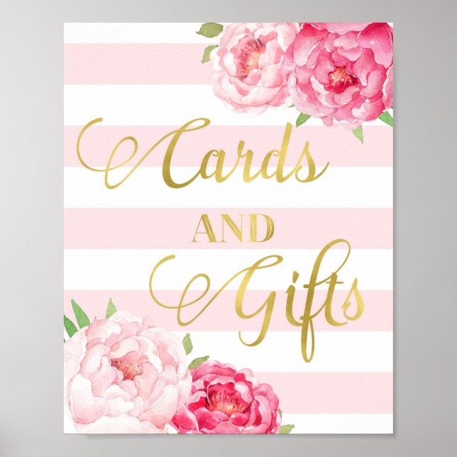 Gold Pink Watercolor Floral Cards Gifts Sign (Front)
