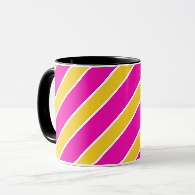 Gold/pink, white bands, stripes, angled, slanted mug (Front Left)