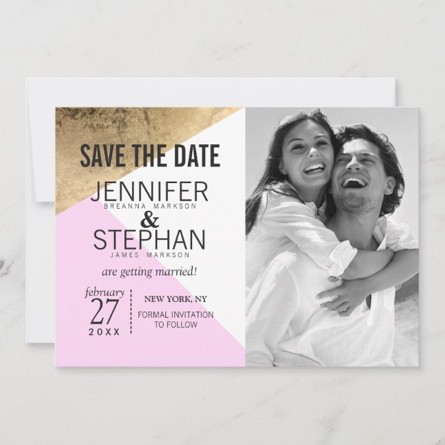 Gold Pink White Geo Triangles Save the Dates Date (Front)