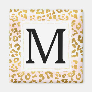 Gold Pink White Leopard Print Monogram Magnet