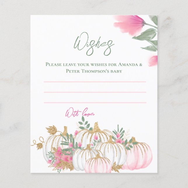 Gold Pink White Pumpkin Baby Wishes Game Card (Front)
