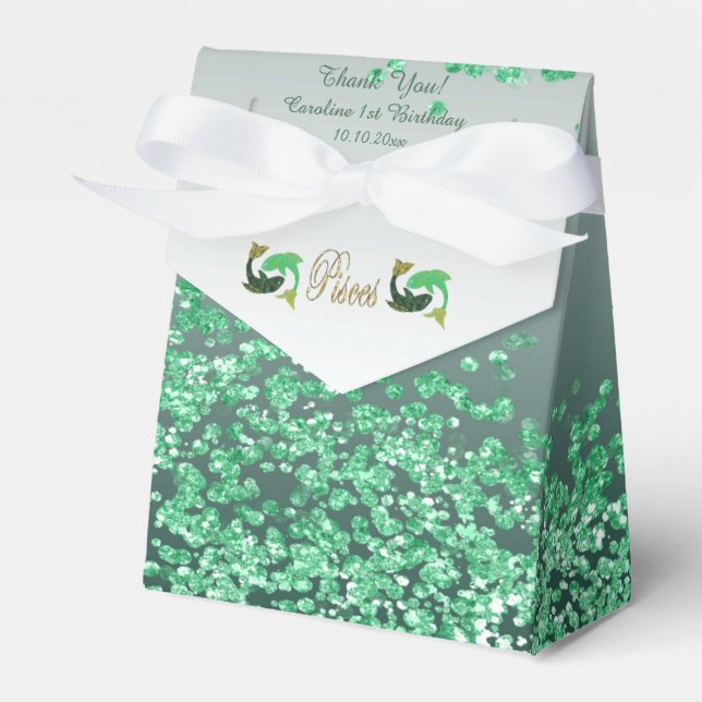 Gold Pisces & Green Glitter Birthday Favour Box (Front Side)