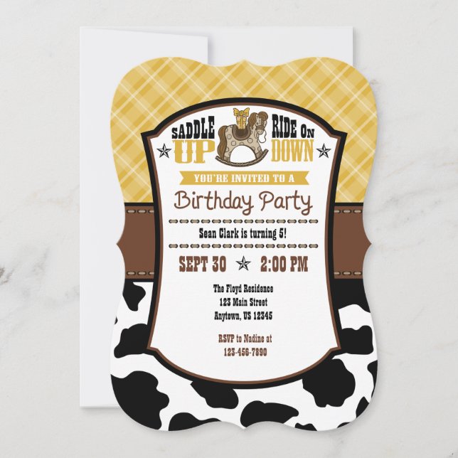 Gold Plaid Cowhide Cowboy Birthday Invite (Front)