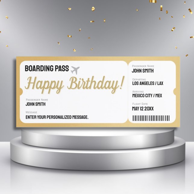 Gold Plane Ticket - Surprise Boarding Pass Invite (Golden Faux Plane Ticket Card - Birthday Flight Gift)