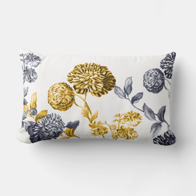 Gold & Platinum Modern Botanical Floral Toile Lumbar Cushion (Front)