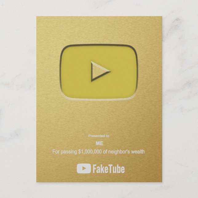 Gold Play Button FakeTube Postcard (Front)