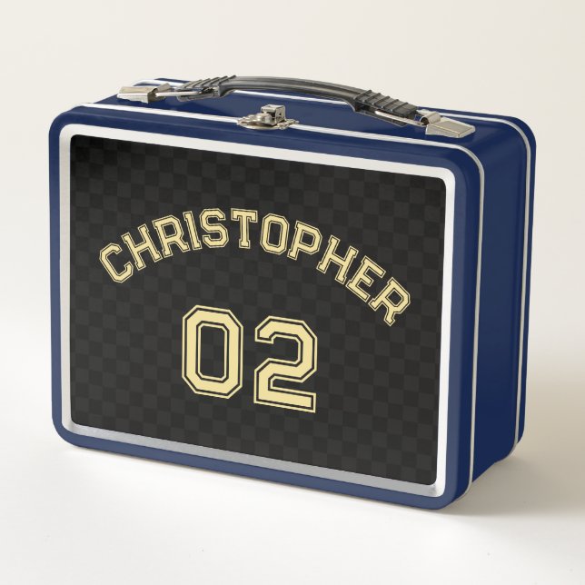 Gold Player Name Jersey Number Kids Boys School Metal Lunch Box (Front)