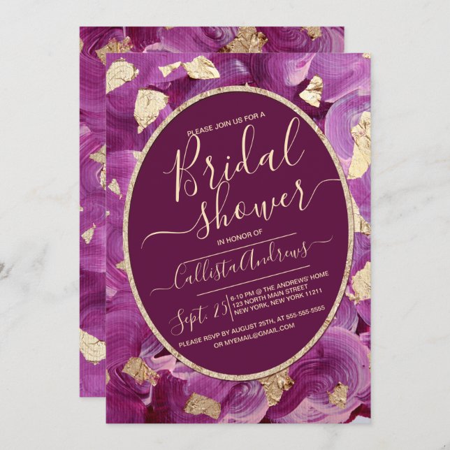 Gold Plum Lilac Acrylic Brushstroke Bridal Shower Invitation (Front/Back)