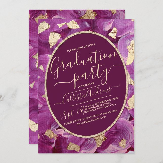 Gold Plum Lilac Acrylic Brushstroke Graduation Invitation (Front/Back)