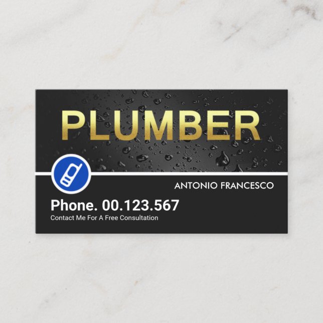 Gold Plumber Signage On Grey Water Drop Business Card (Front)