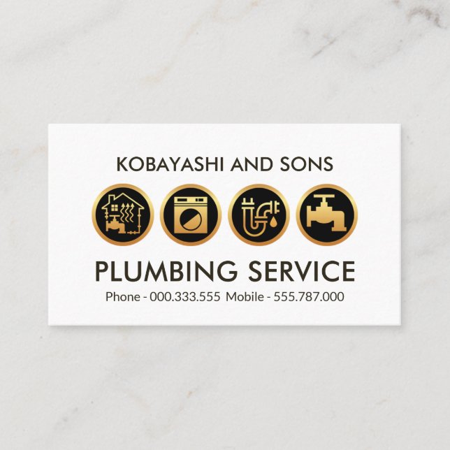 Gold Plumbing Heating Icons Plumber Business Card (Front)