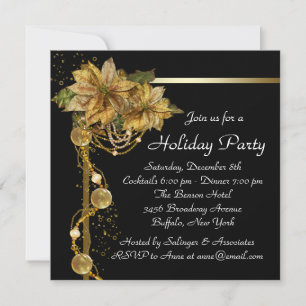 Gold Poinsettia Black Gold Christmas Party Invitation