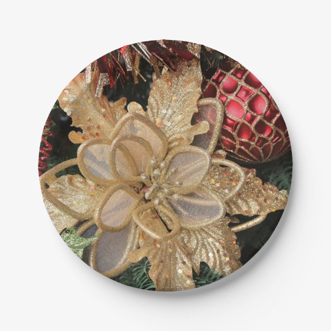 Gold Poinsettia Christmas Paper Plates (Front)