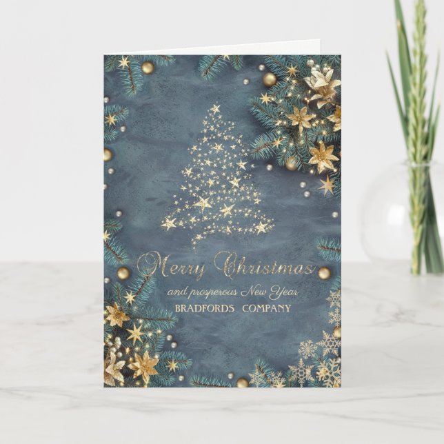  Gold Poinsettia,Pine Tree Branches,Stars Holiday Card (Front)