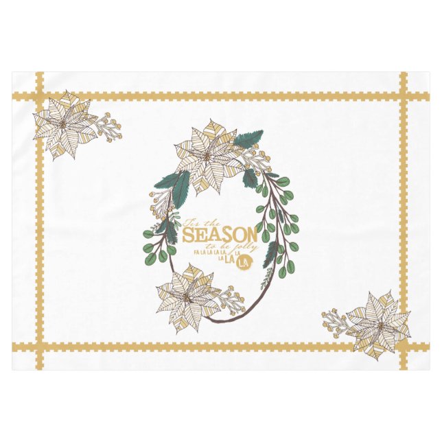 Gold Poinsettia Tis the Season Holiday Tablecloth (Front (Horizontal))