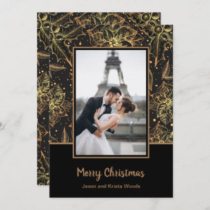 Gold Poinsettias Black Christmas Photo Holiday Card